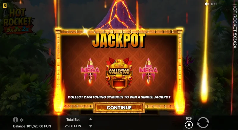 Hot Rocket 5x 3x 2x - seoladh Jackpot Spins le roicéad bailiúcháin sa lár
